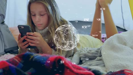 Animation-of-globe-of-connections-over-woman-using-smartphone