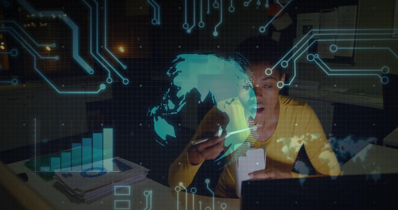 Woman seeing tech holo globe overlay shifting over face eating while checking device late