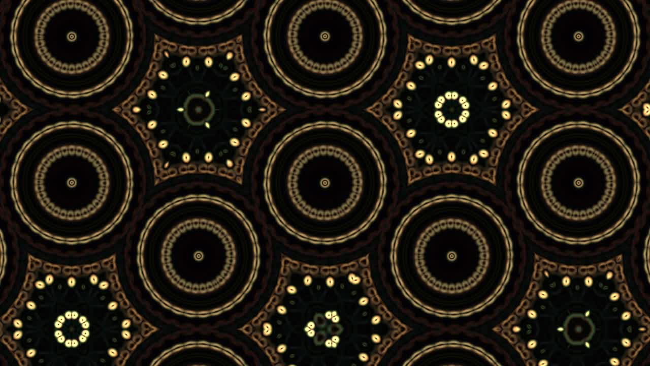 Glowing bright circles linked together in a fractal kaleidoscope with seamless concentric pulsing loop