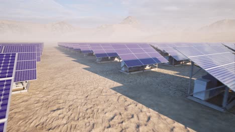 a solar park, solar farm, photovoltaic power station in the desert, 3d animation, animated scenery, camera moving backwards