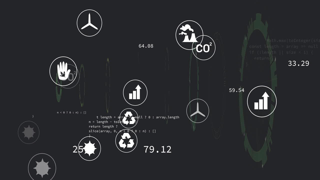 Green gear ring floating over dark dashboard scene, showing recycling icons, charts, code snippets