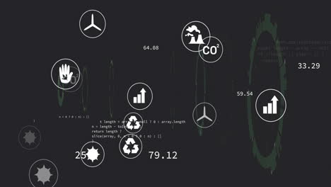 green gear ring floating over dark dashboard scene, showing recycling icons, charts, code snippets