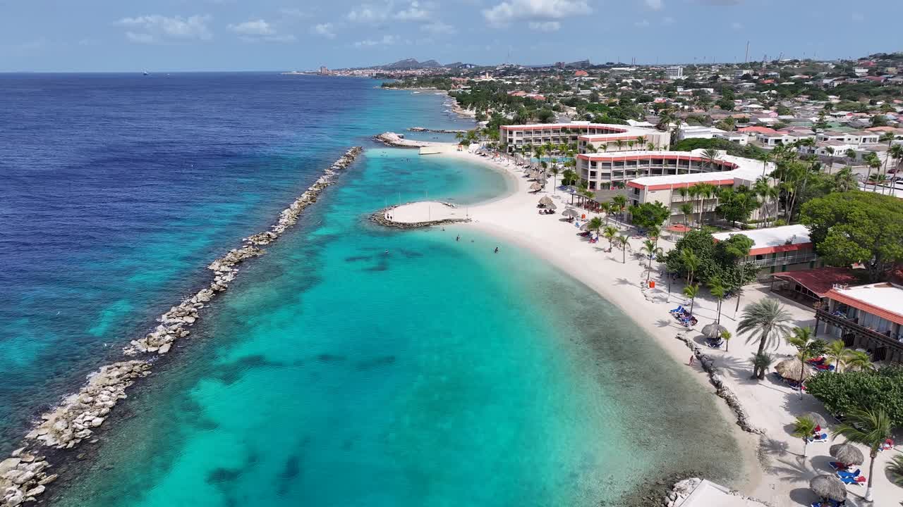 Caribbean Beach At Willemstad In Netherlands Curacao. Beach Landscape. Caribbean Island. Willemstad At Netherlands Curacao. Seascape Outdoor. Nature Tourism.