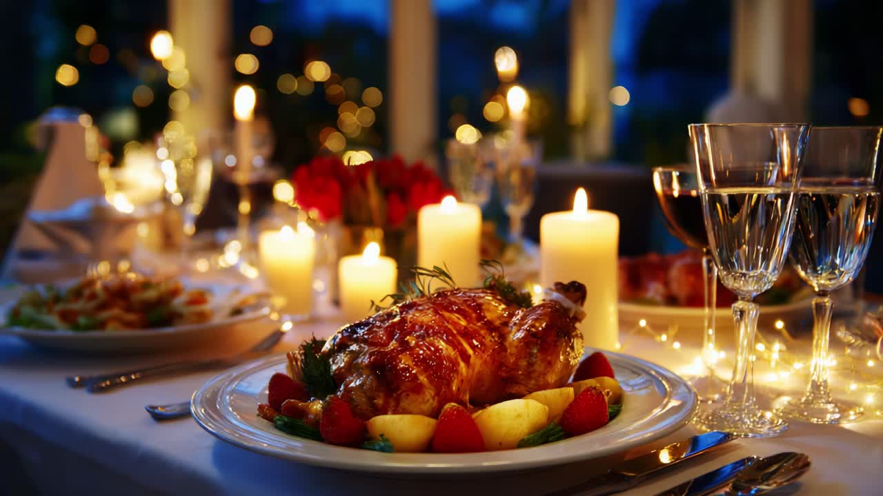 An Elegant Dining Experience Featuring a Succulent Roast Chicken Surrounded by Glimmering Candles, Fresh Fruits, Fine Glassware, and a Warm Ambiance That Invites Cozy Conversations and Celebrations