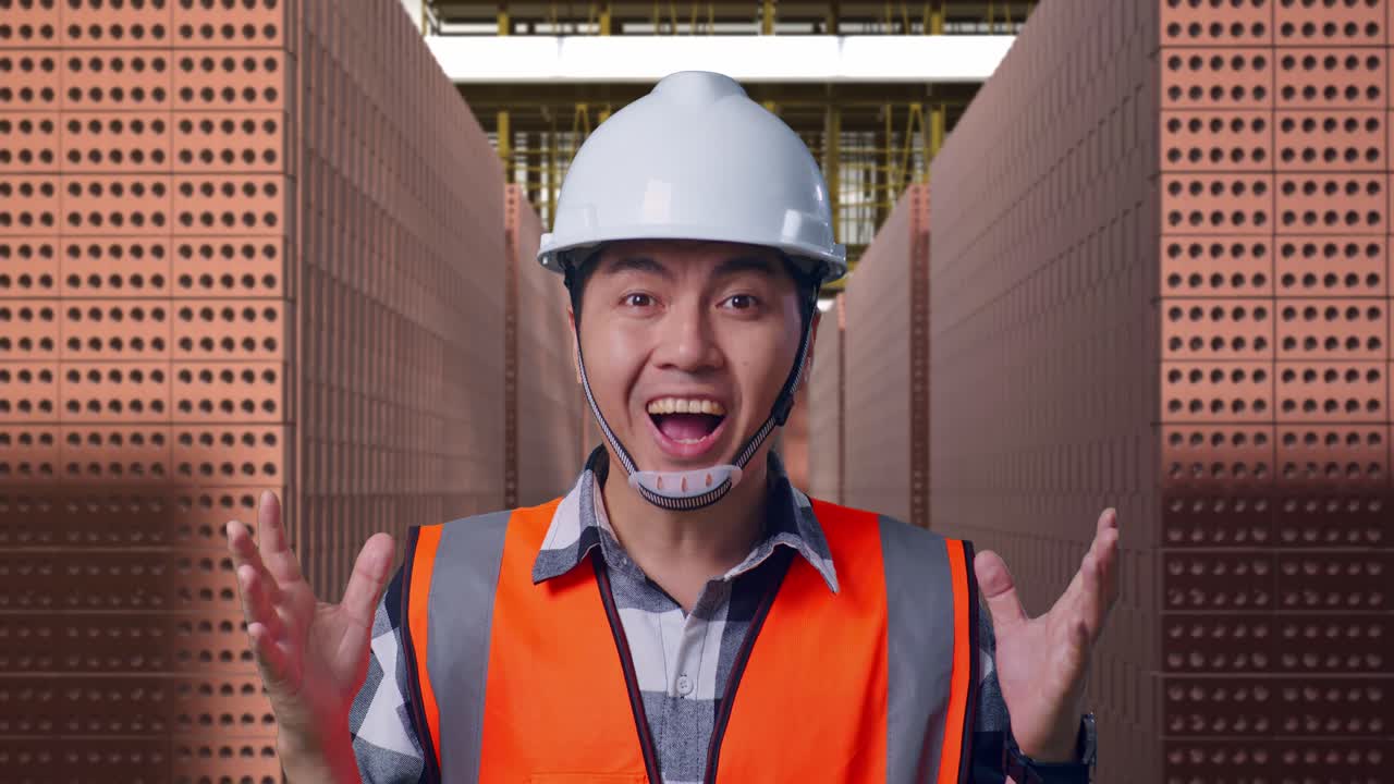 Excited Construction Worker in a Brick Factory