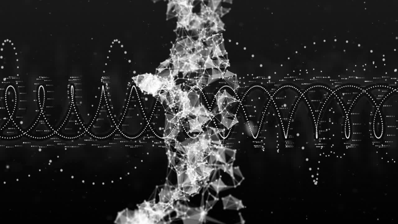 검은색 배경에 연결된 dna 줄무의 애니메이션과 디지털 데이터 처리