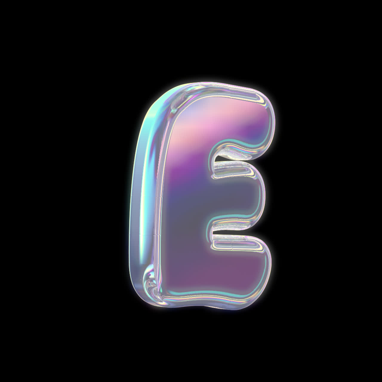 Lettera E 3D iridescente rotante su sfondo nero