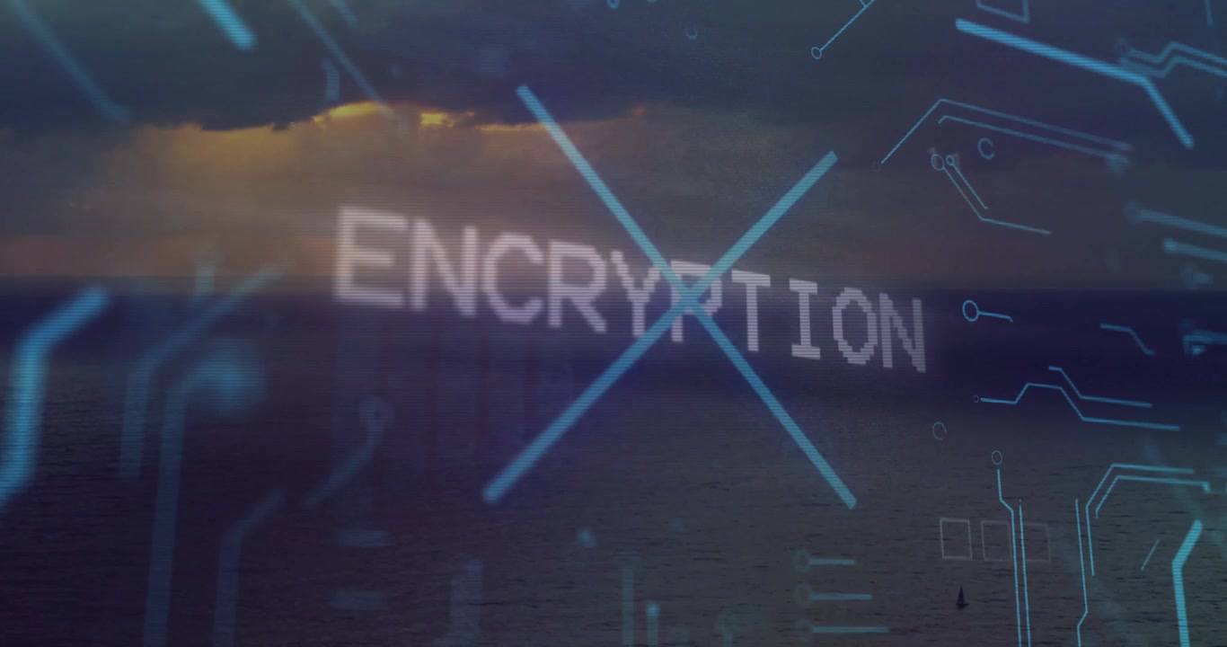 Faint letter fragments appearing over ocean forming ENCRYPTION text with cyan circuits for security