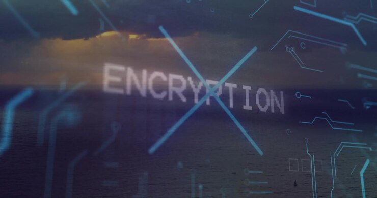 Faint letter fragments appearing over ocean forming ENCRYPTION text with cyan circuits for security
