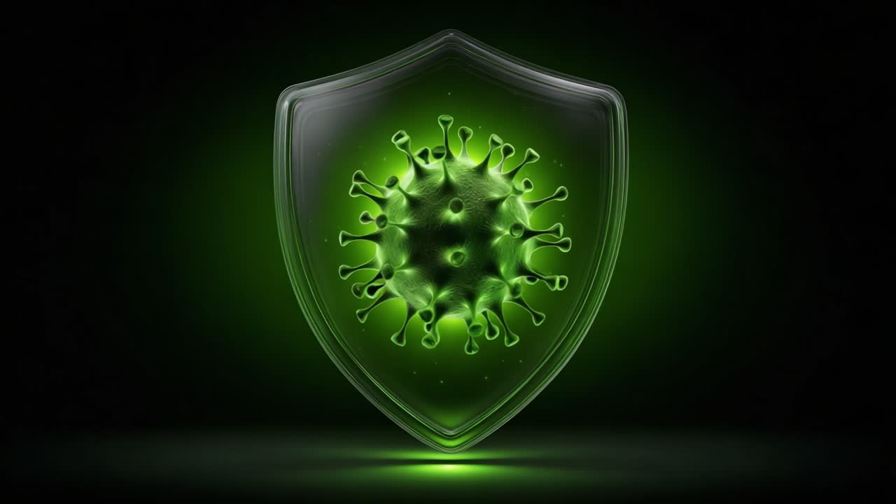 A Protective Shield Against Viruses: A Detailed Illustration of a Virus Enclosed in a Green Shield, Symbolizing Defense and Immunity in the Fight Against Infectious Diseases