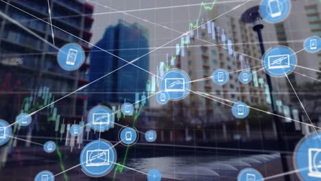 animación del procesamiento de datos financieros y red de conexiones en el paisaje urbano