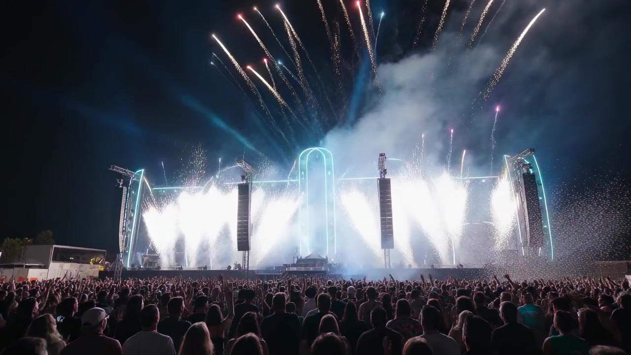 Palco LED con lancio di razzi che erutta effetti pirotecnici al finale di un concerto notturno, folla con felpe con cappuccio che alza le mani