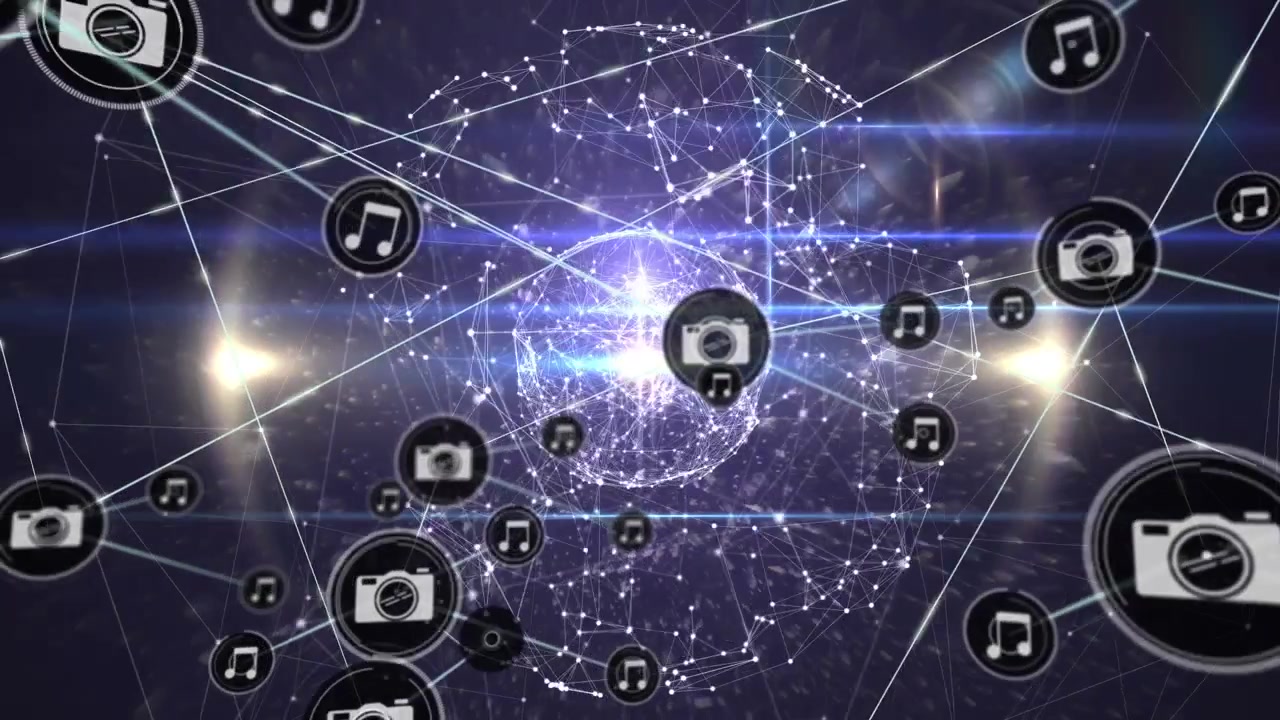 Animation af forbindelsesnetværk med ikoner over globus.