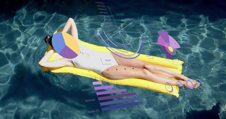 Woman tapping phone for browsing relaxing poolside with headphones typing laptop packing backpack
