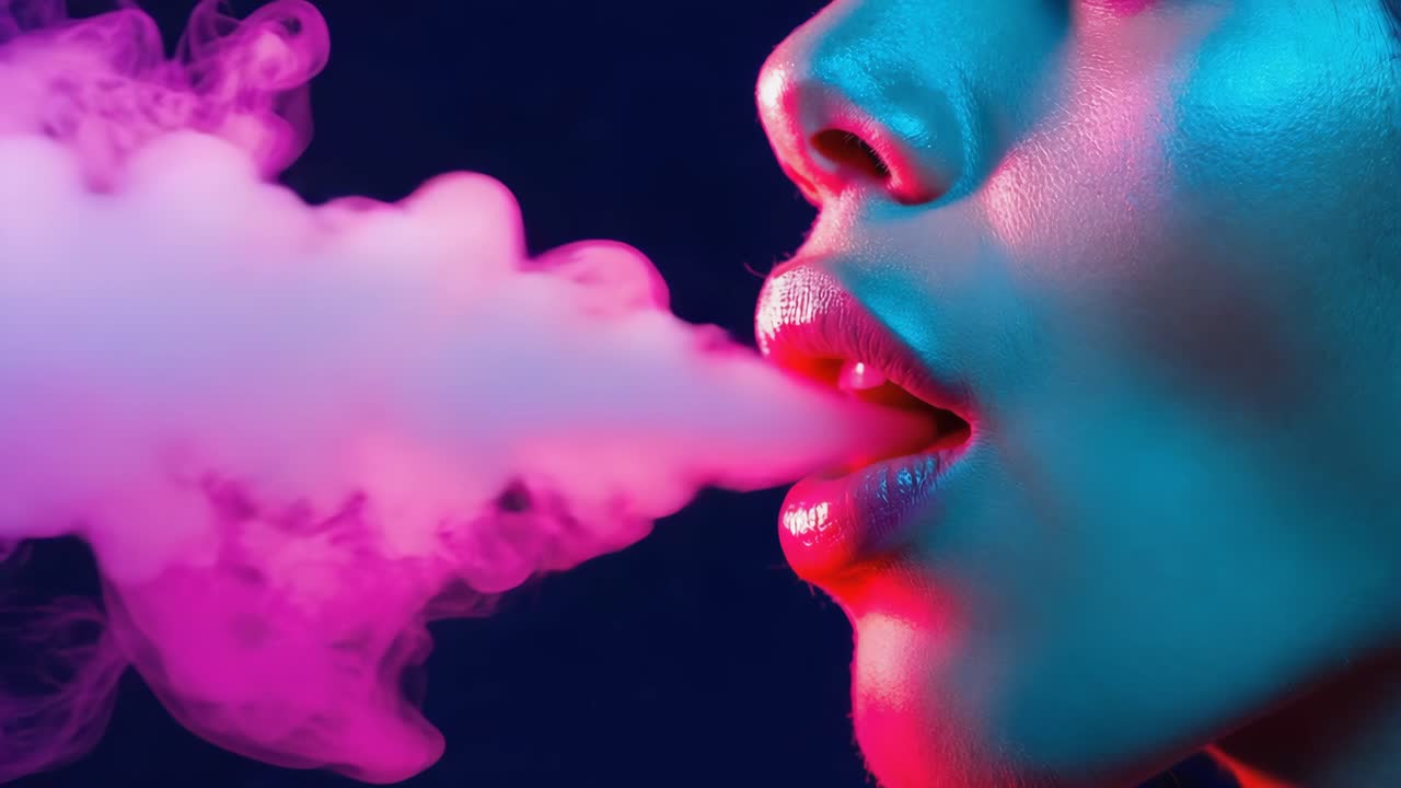 Close-up of a person exhaling pink vape smoke under neon light