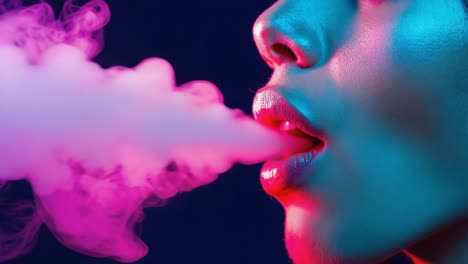 close-up of a person exhaling pink vape smoke under neon light