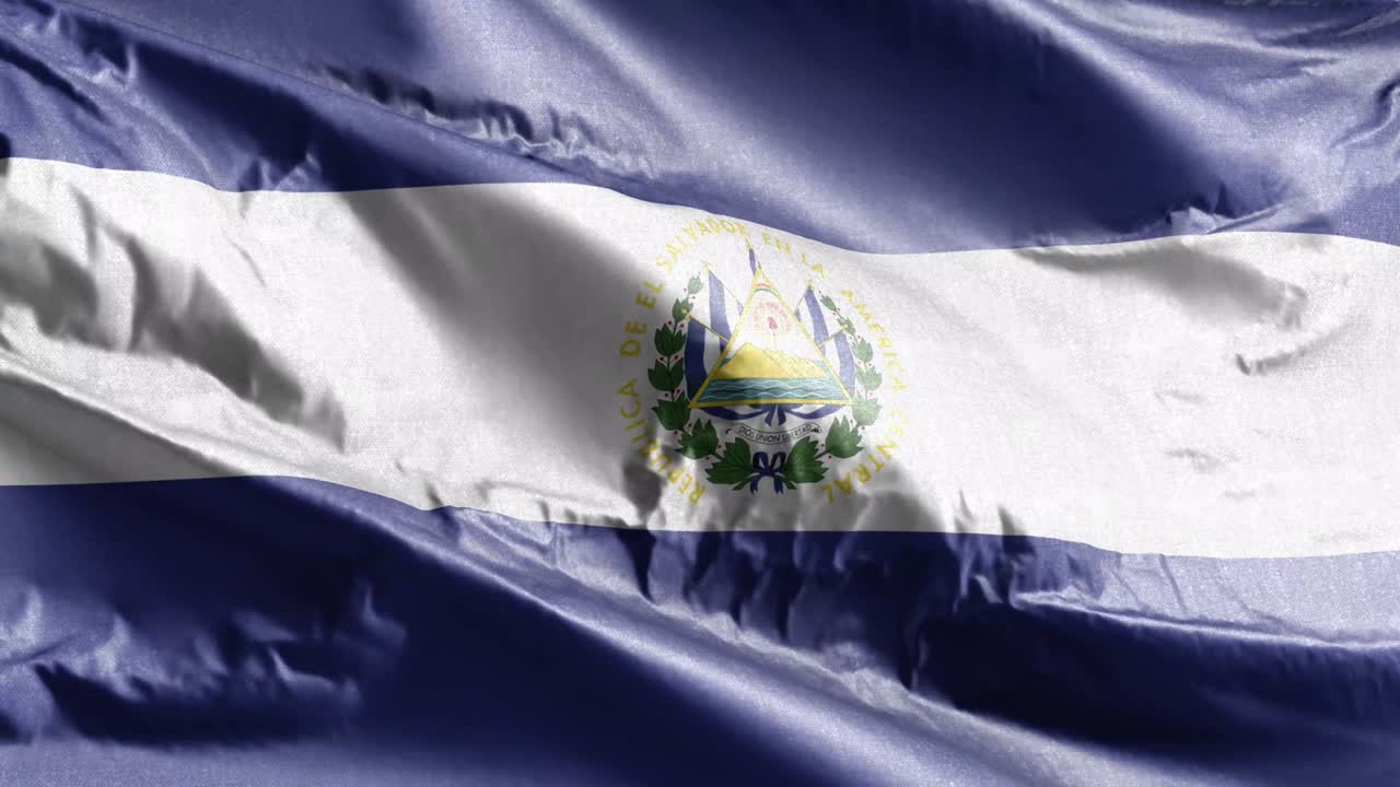 El Salvador textile flag waving on the wind loop. El Salvadoran banner swaying on the breeze. Fabric textile tissue. Full filling background. 10 seconds loop.