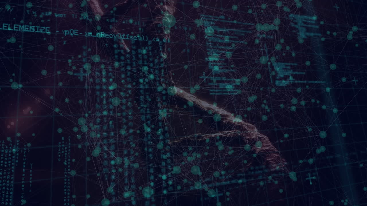 Animation of grid pattern with connected dots, dna helix and programming codes