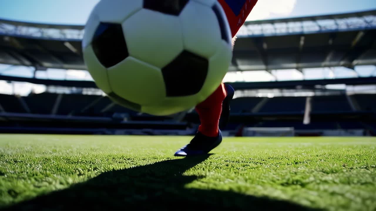 Seorang pemain sepak bola berlatih dan bermain dengan bola di lapangan stadion yang cerah