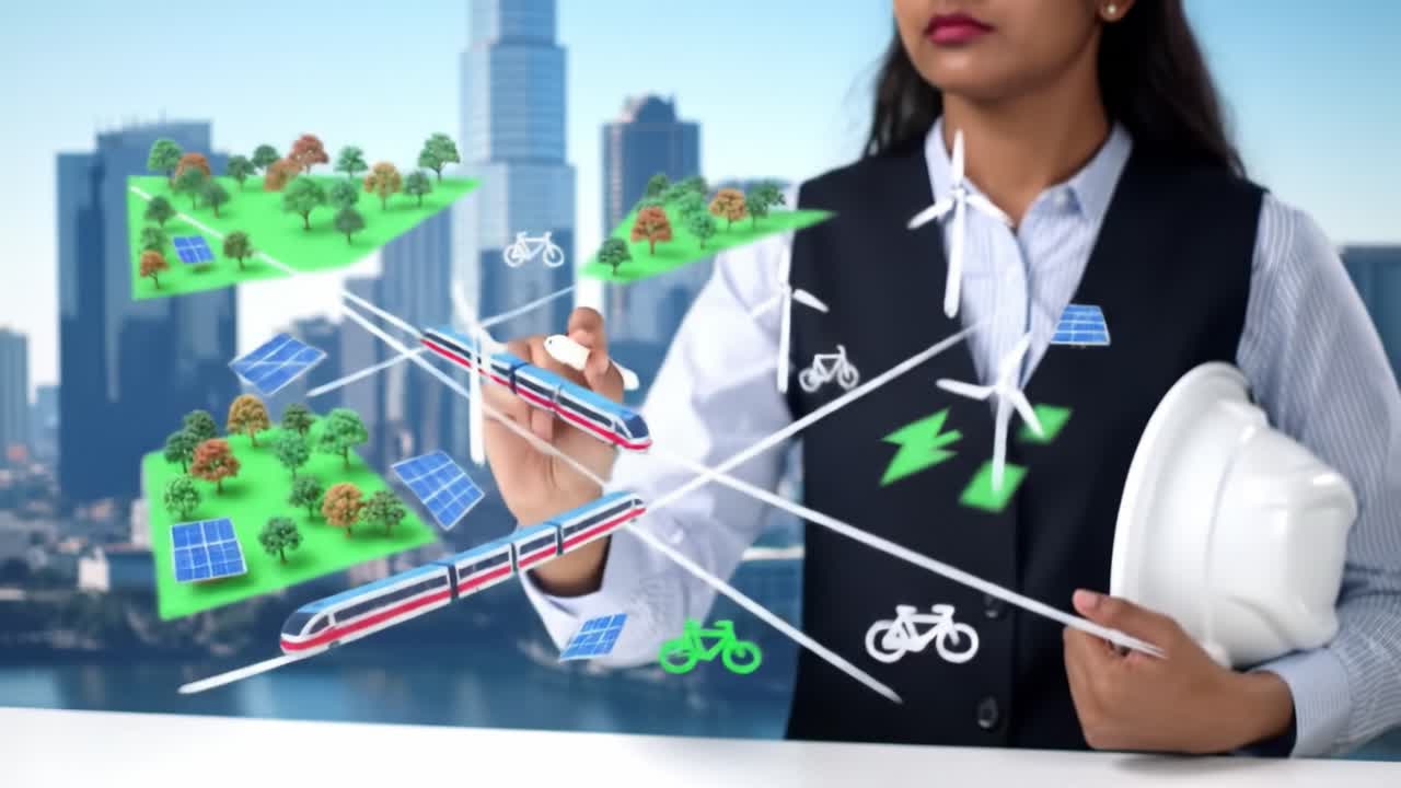 An expert discusses advanced ideas for urban planning focusing on sustainable transportation systems and renewable energy solutions. The visuals highlight eco-friendly concepts integrating nature.