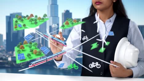 an expert discusses advanced ideas for urban planning focusing on sustainable transportation systems and renewable energy solutions. the visuals highlight eco-friendly concepts integrating nature.