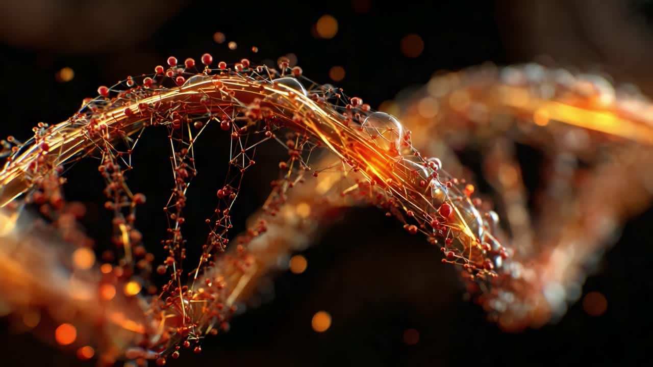 Affascinante visualizzazione della struttura del DNA che mostra intricati dettagli molecolari e interazioni dinamiche in una splendida rappresentazione artistica