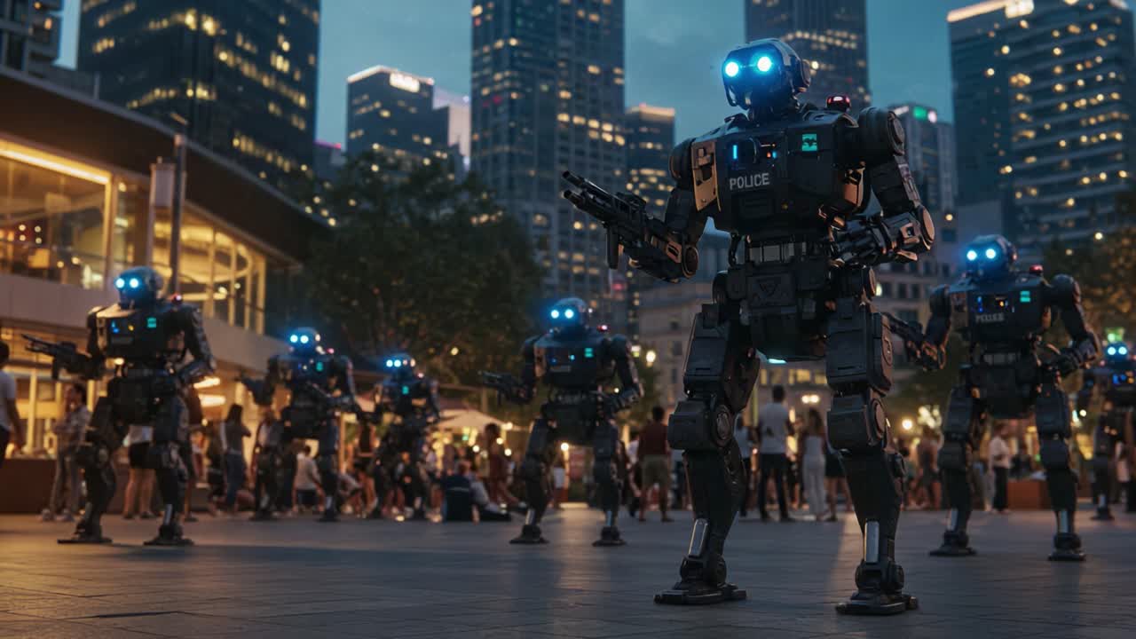 Advanced Robotic Police Force Patrolling Urban Streets in a Futuristic Cityscape at Dusk with Illuminated Eyes and Enforcing Security Measures
