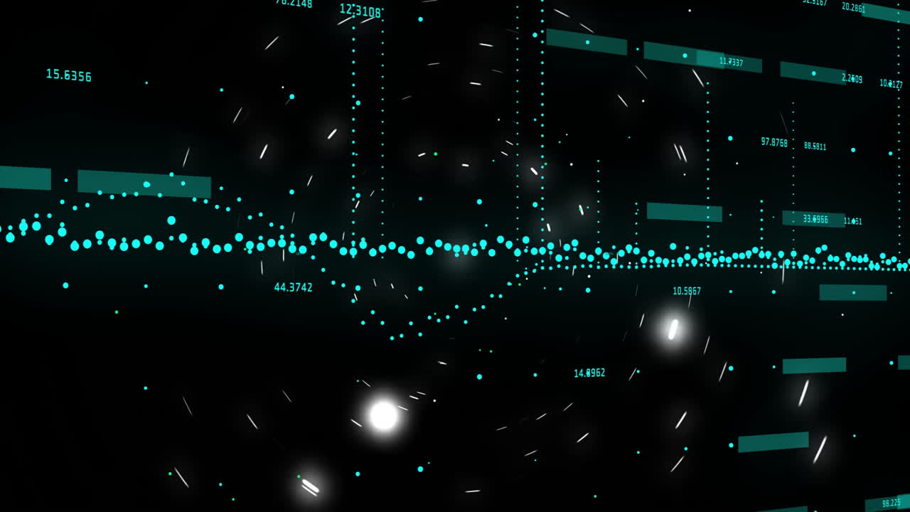 Animating data points and numerical values over dark background with glowing particles