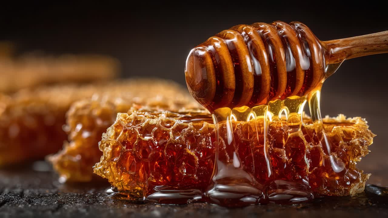 Miele dorato che cola da un mestolo di legno su un favo fresco in primo piano, catturando la dolce essenza e la ricca consistenza del nettare della natura