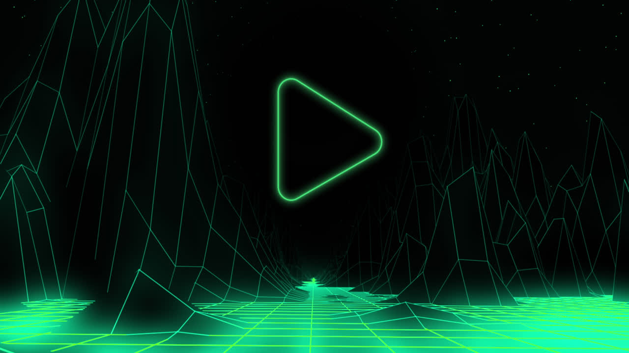 Green triangle outline play button on black background with green grid moving below
