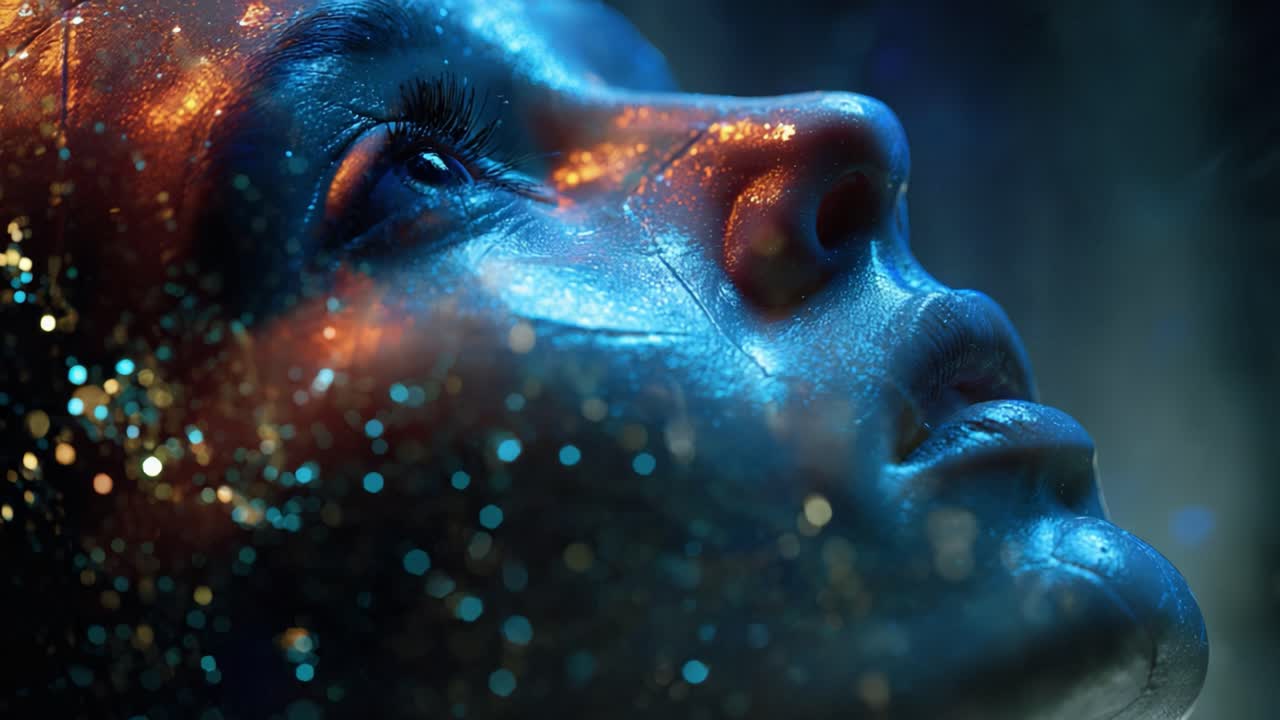 Woman's face cloaked in dark metallic makeup and glitter, gazing upward in blue and warm orange light cinematic, futuristic portrait blending glamour and mysterious allure