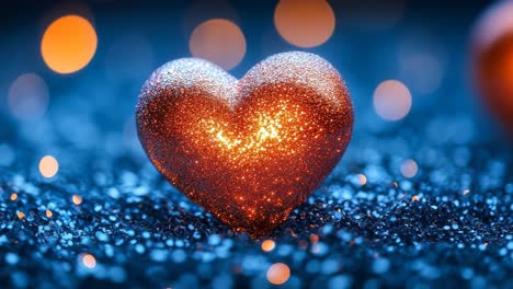 shining heart decor on blue backdrop. a shimmering red heart shines against a deep blue background of soft bokeh lights, adding a festive touch.