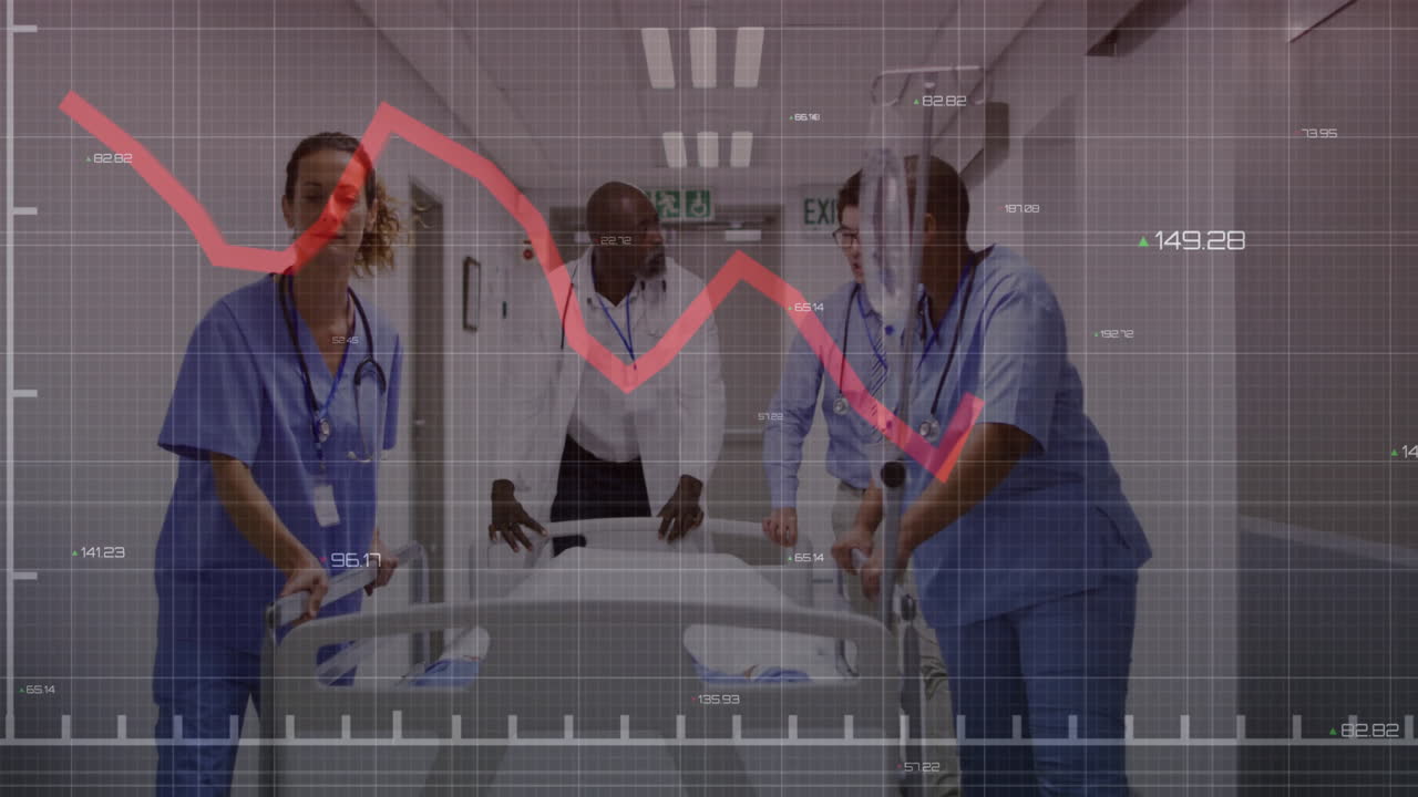 Equipo médico empujando una camilla en un pasillo de hospital, mostrando una superposición de análisis de gráficos de línea roja en tiempo real.