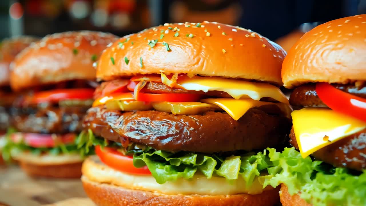 una fila de hamburguesas sentadas en la parte superior de una tabla de cortar de madera