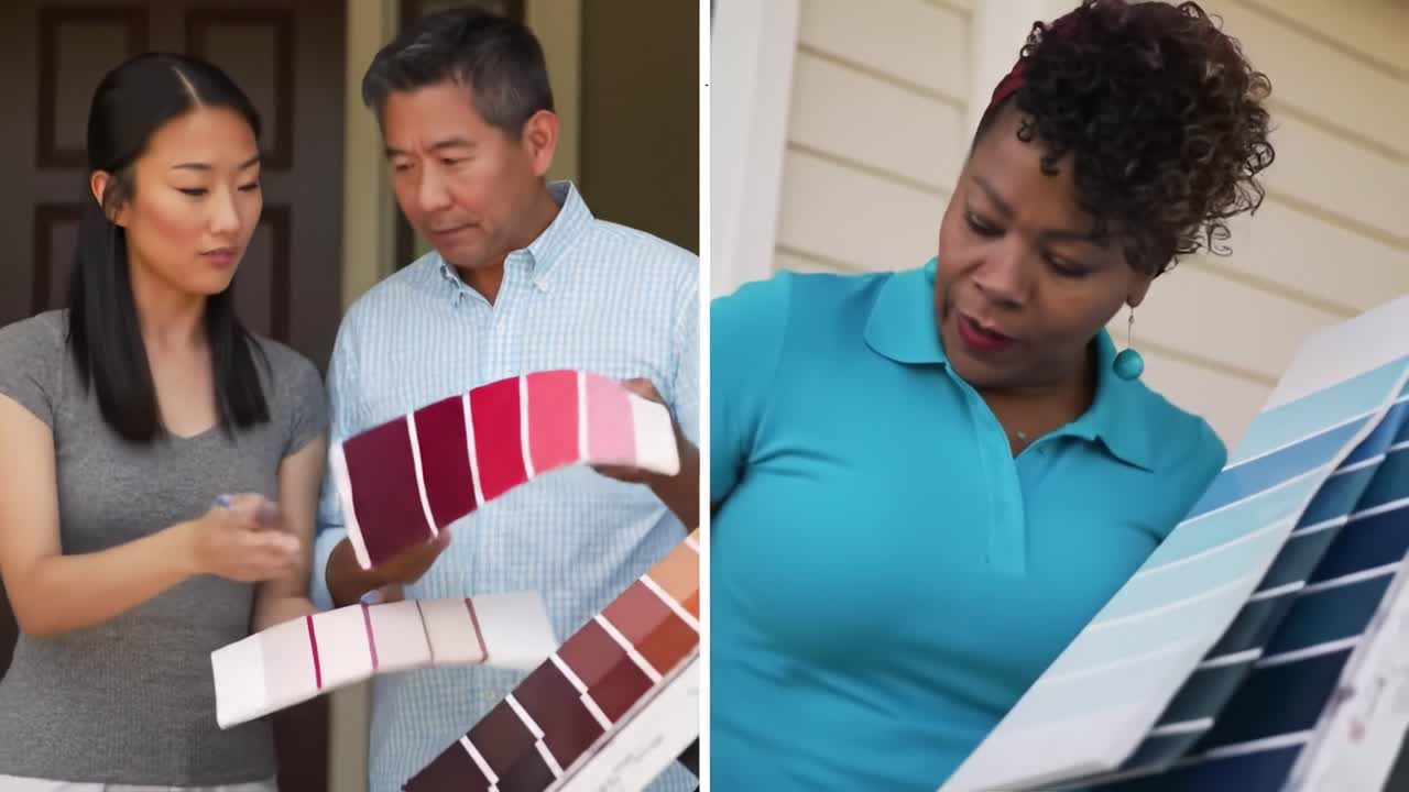 A person examines various paint color swatches outdoors, selecting hues for a home interior project. The vibrant colors showcase options for decorating different spaces.