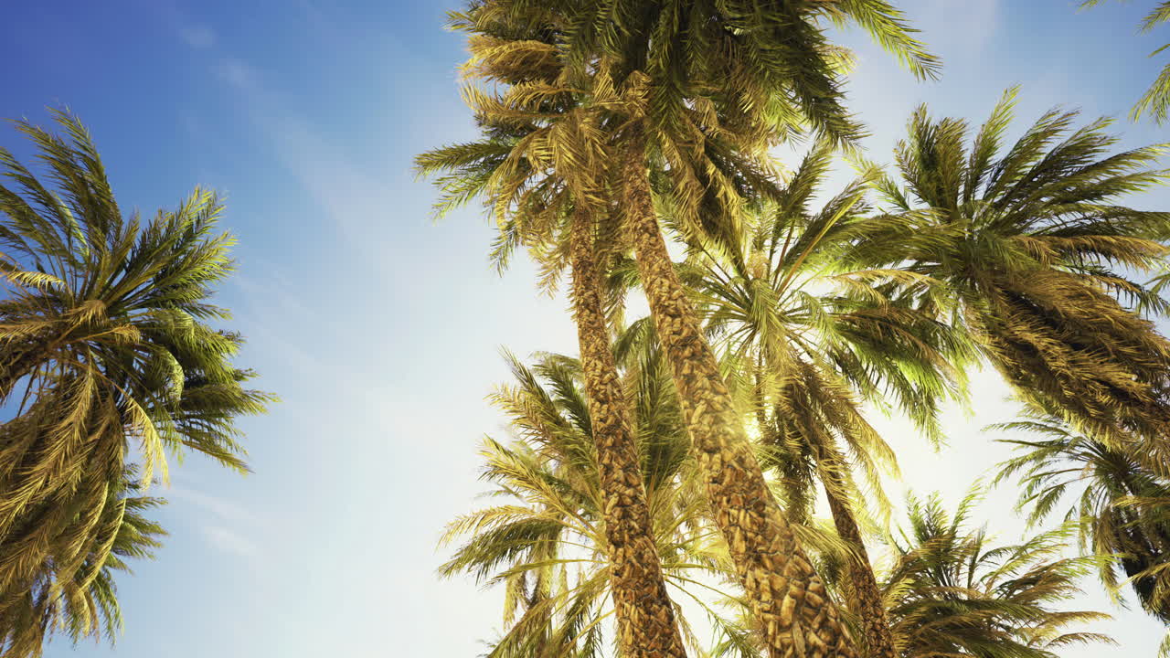 Beautiful palm trees reach for the blue sky in a tropical landscape