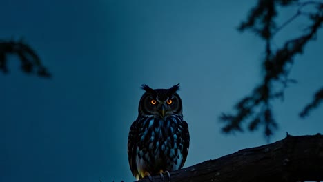 a close-up of an owl perched on a branch at night