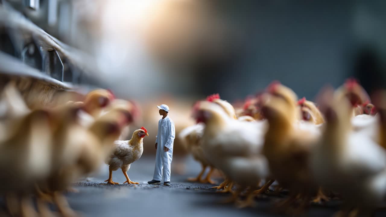 A Young Person Observes a Cohort of Chickens in an Enclosed Space, Highlighting the Interaction Between Human and Animal in a Farm-like Environment
