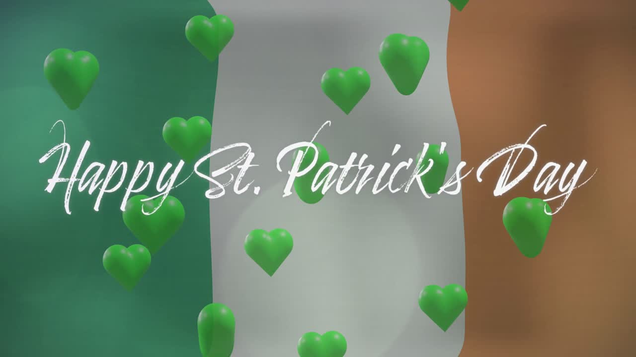 Animation of st patrick's day text and green hearts with irish flag background
