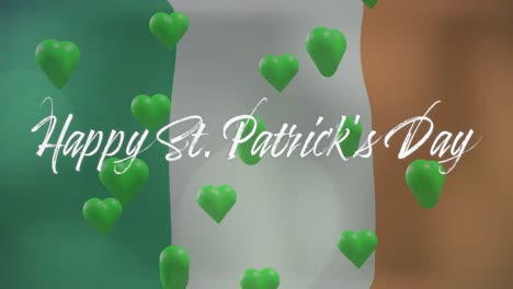 animación del texto del día de san patricio y corazones verdes con fondo de bandera irlandesa.