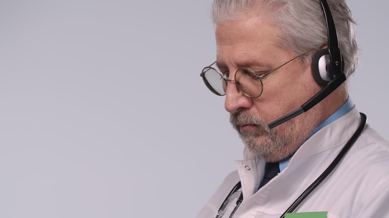Medico anziano con cuffie effettua una videochiamata online per consultare un paziente. Dottore in camice medico bianco con badge, schermo verde chroma key nell'ufficio dell'ospedale. Telemedicina, telesalute. Primo piano. Rallentatore.