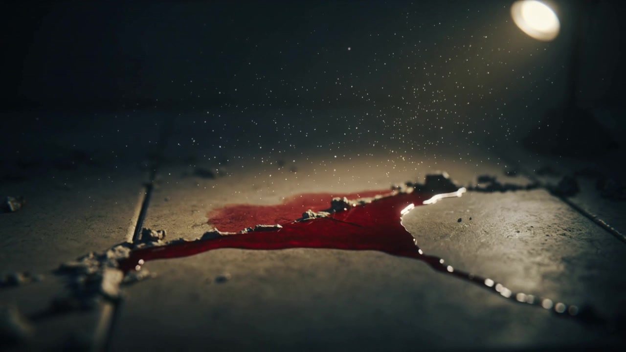 Faro luminoso che rivela una pozzanghera di liquido rosso poco profondo sulle fughe piastrellate, mostrando detriti e polvere.