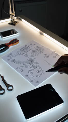electronics repair workstation with circuit diagram