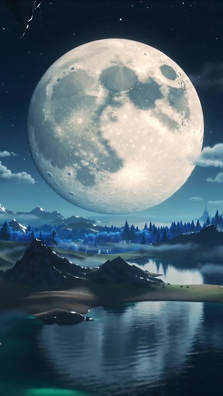 Video verticale: Inizia una lenta panoramica verso il basso, la telecamera mostra un'enorme luna che brilla sopra una riva nebbiosa di pini