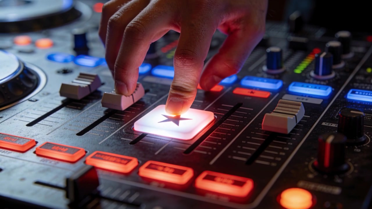Approaching right hand pressing star pad and nudging fader at DJ booth, activating sample