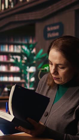 vertical video mature woman reading and writing at a university campus library