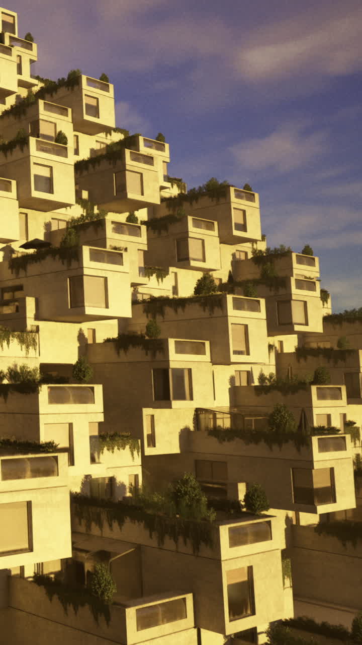 Design moderno de edifício em uma encosta com vegetação ao pôr do sol na cidade