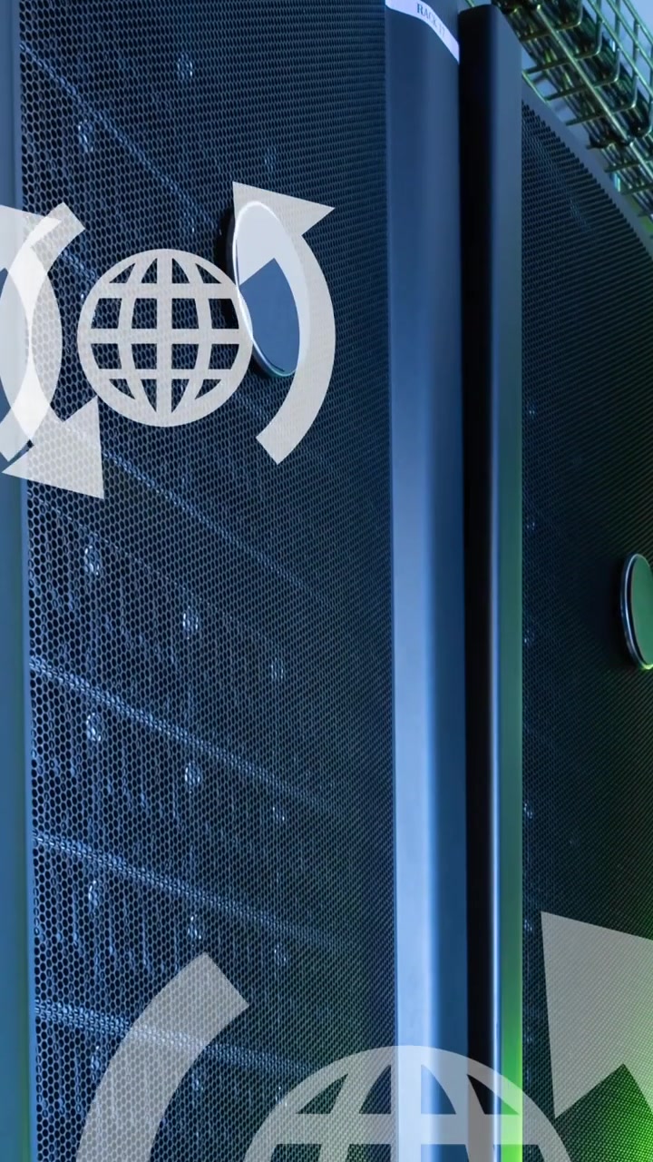 Animação de globo com ícones de setas movendo-se sobre racks de servidores de dados