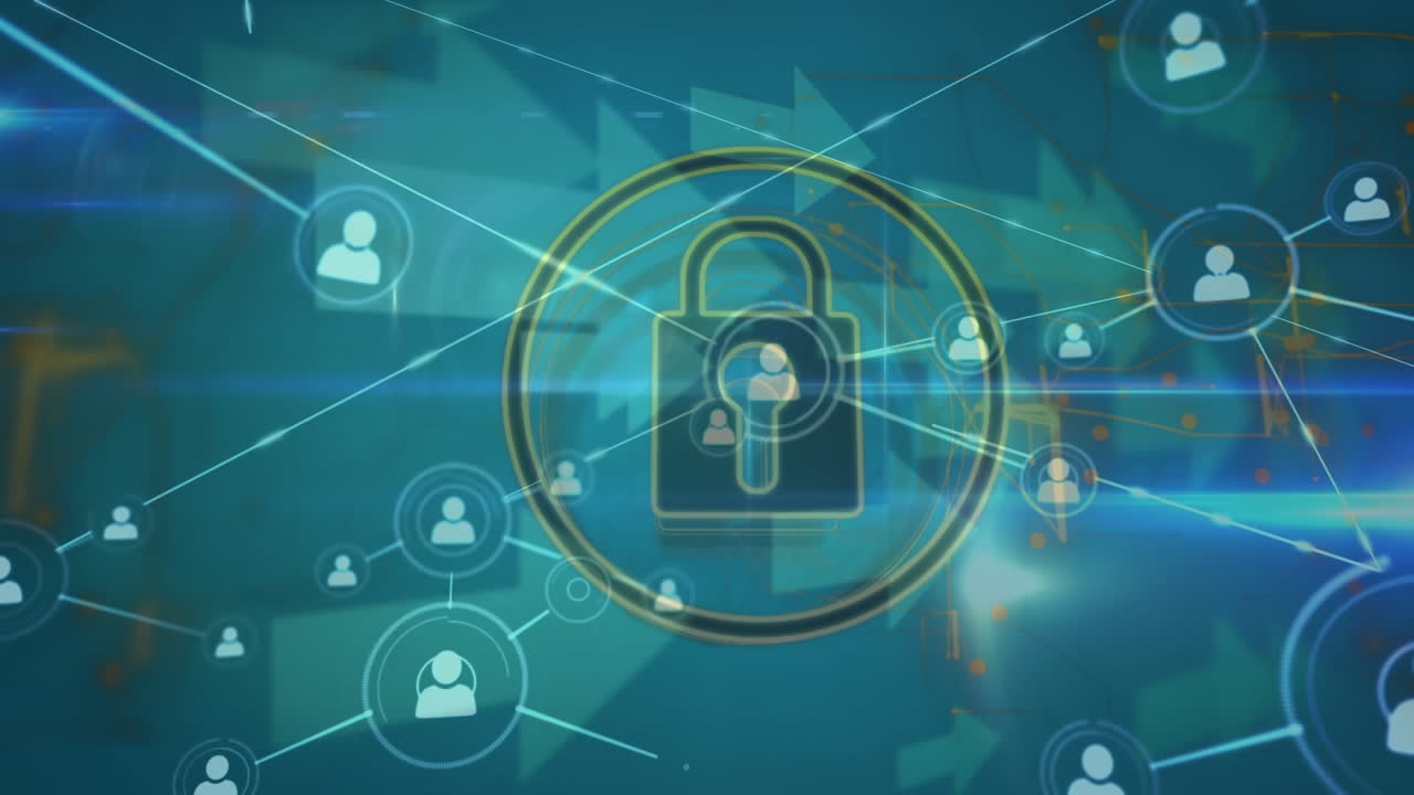 Animation of network of profile icons, arrow icons and security padlock icon against blue background