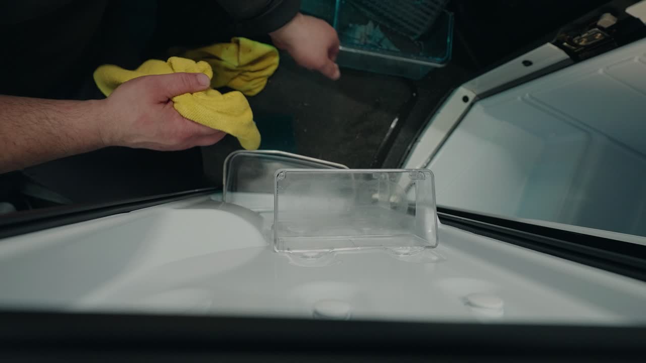vista hacia abajo limpieza de refrigerador ver a través de los bolsillos de la puerta usando un paño húmedo por un limpiador profesional